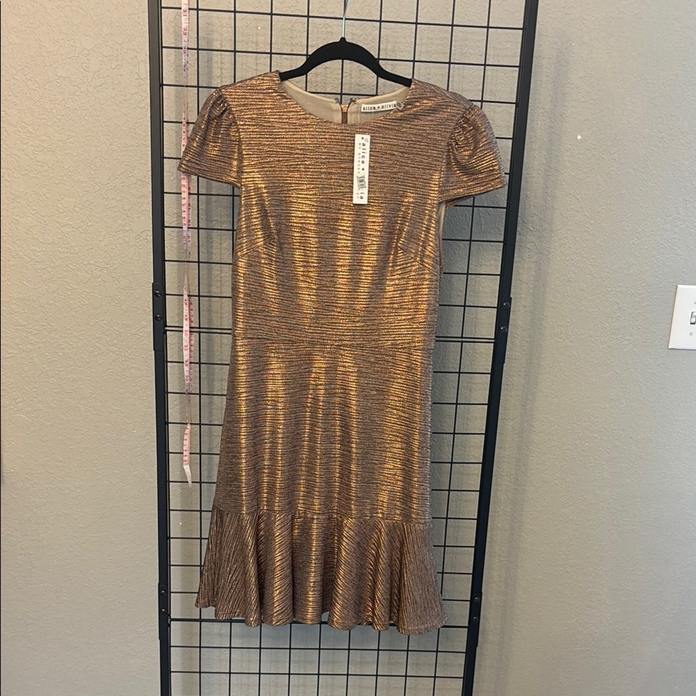 Alice + Olivia Shimmering Bronze Metallic Short-Sleeve Ruffle Dress